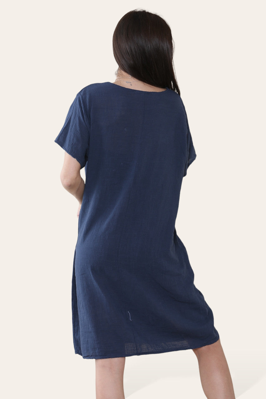 PLAIN TUNIC DRESS WITH POCKETS & NECKLACE ROYAL BLUE
