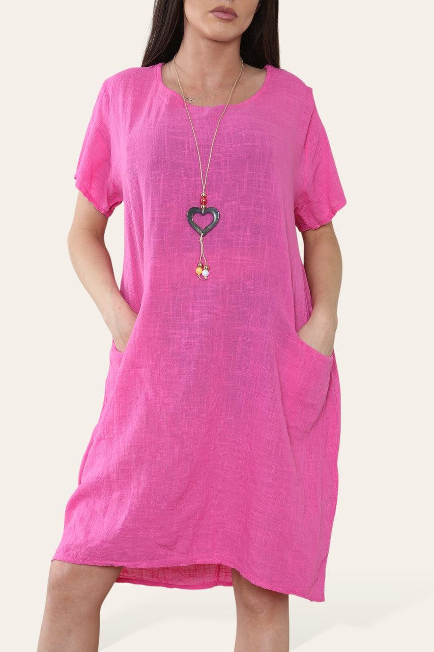 PLAIN TUNIC DRESS WITH POCKETS & NECKLACE CERISE