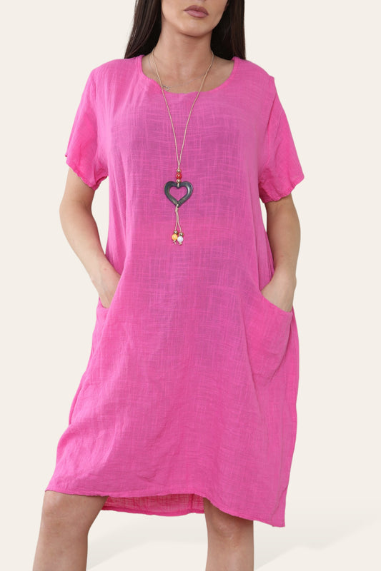 PLAIN TUNIC DRESS WITH POCKETS & NECKLACE CERISE