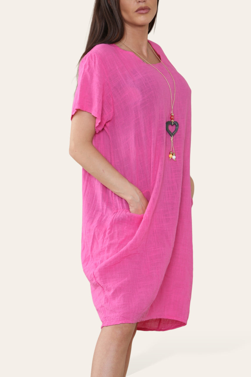 PLAIN TUNIC DRESS WITH POCKETS & NECKLACE CERISE