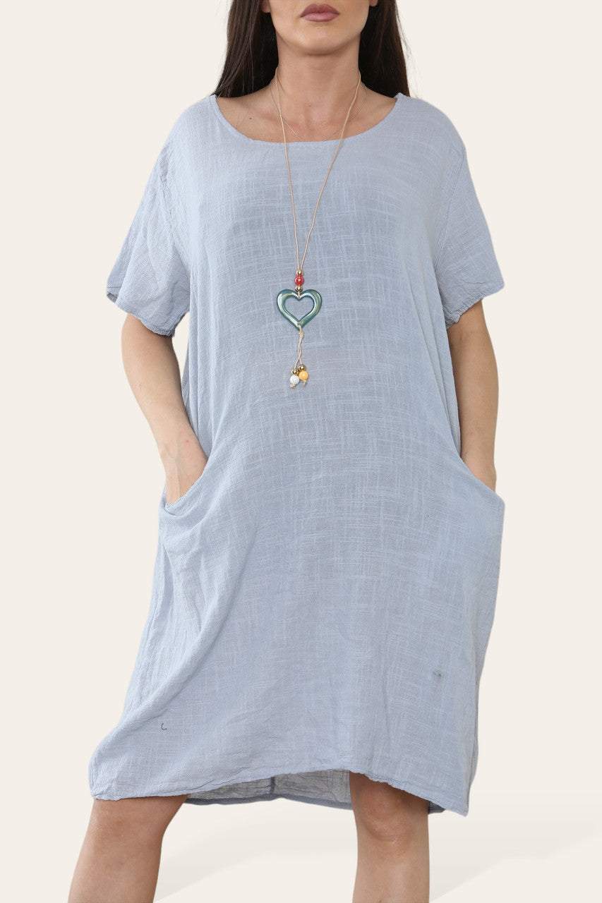 PLAIN TUNIC DRESS WITH POCKETS & NECKLACE GREY