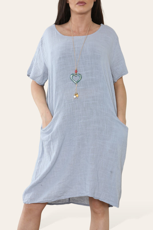 PLAIN TUNIC DRESS WITH POCKETS & NECKLACE GREY