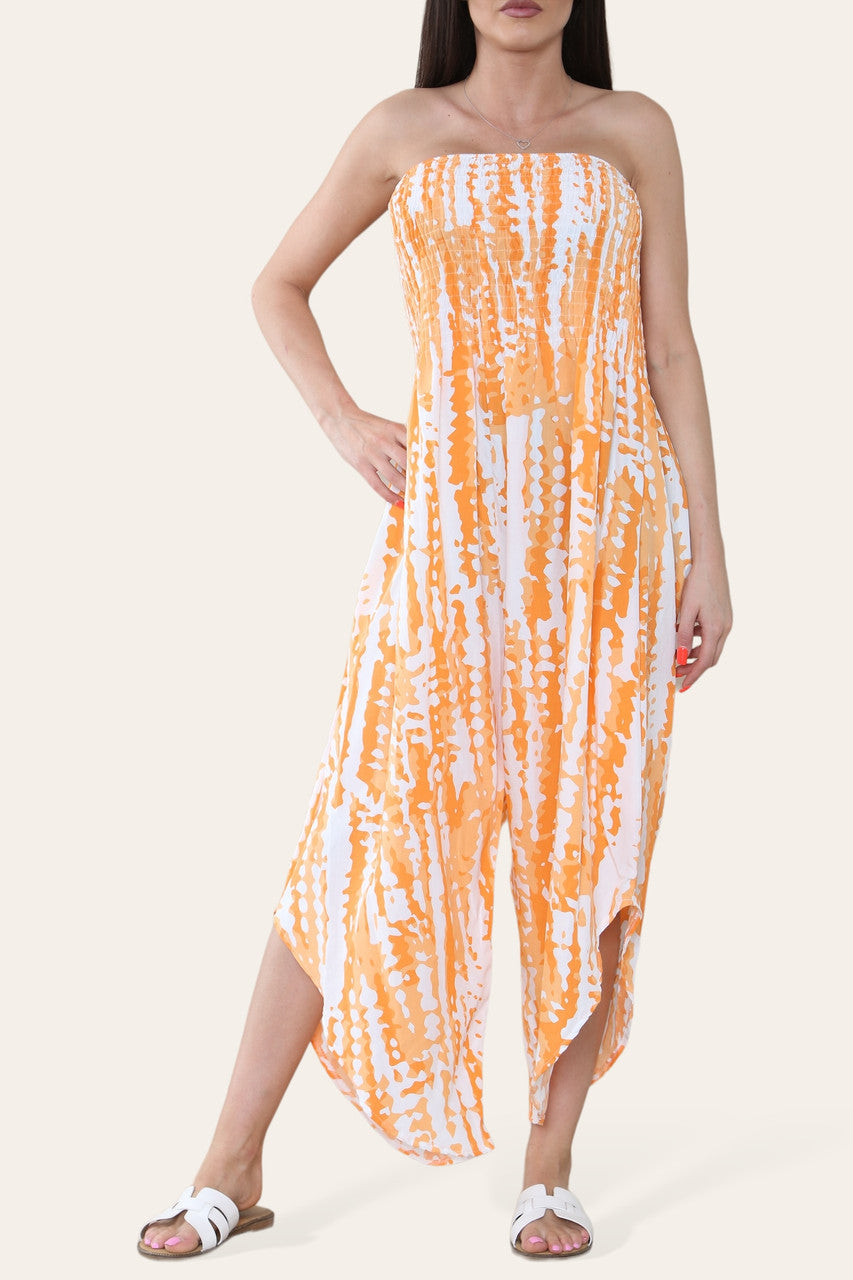 TIE DYE ELASTISCHE BANDEAU JUMPSUIT ORANJE