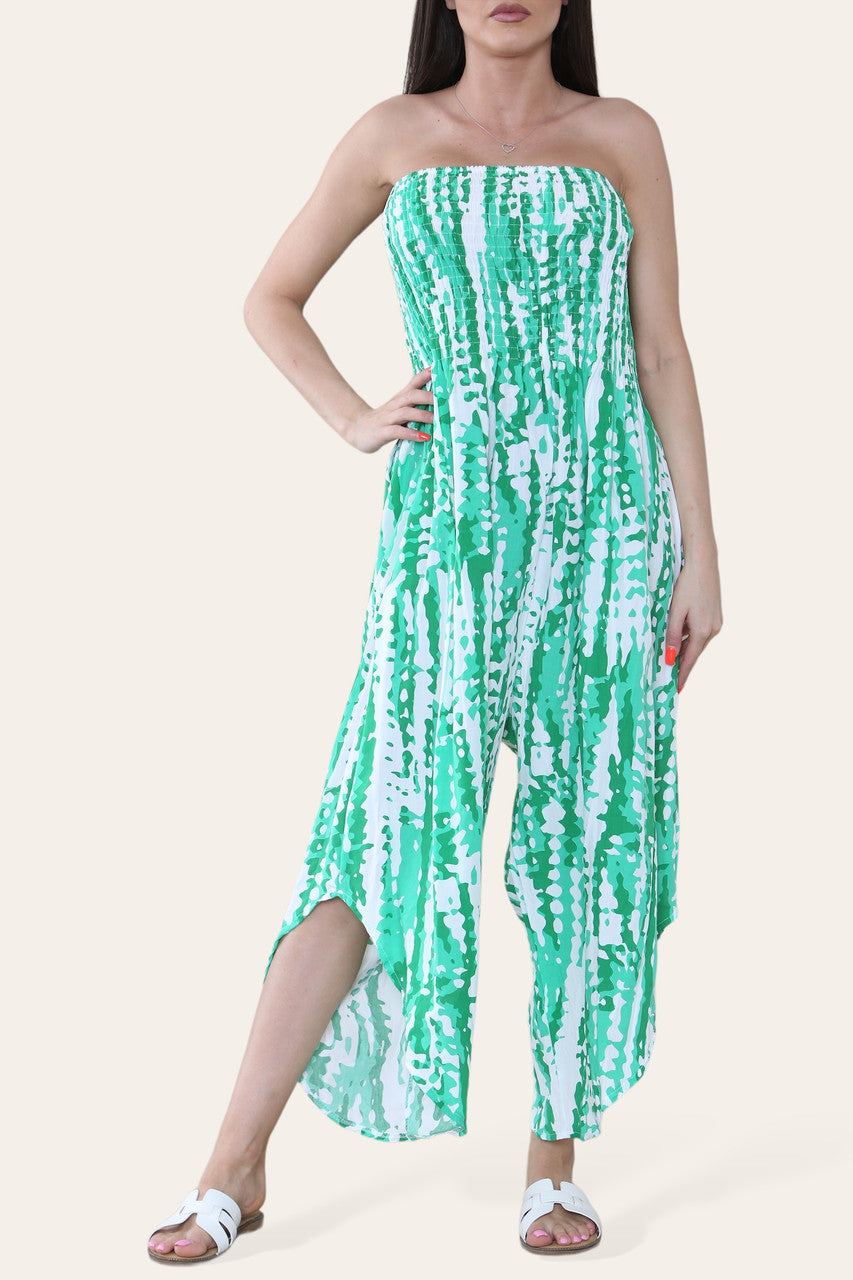 TIE DYE ELASTISCHE BANDEAU-JUMPSUIT GROEN