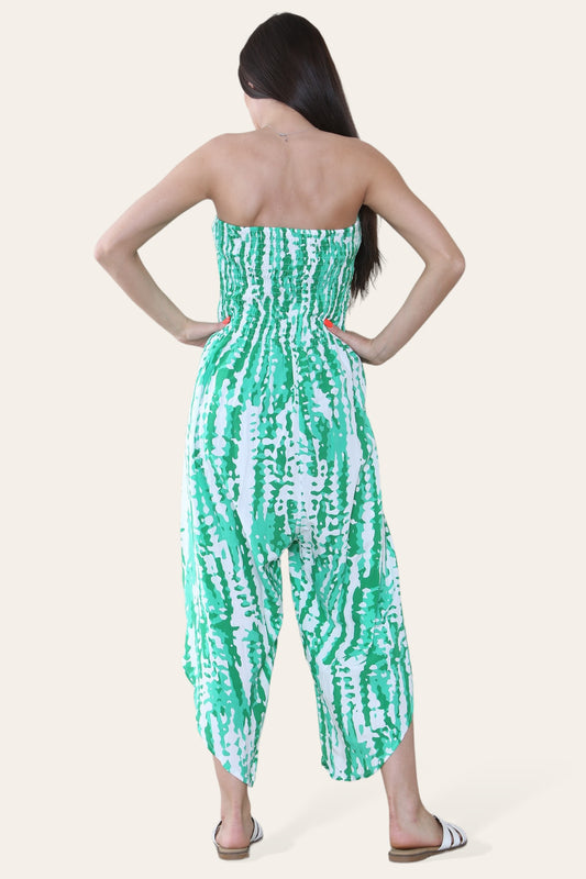 TIE DYE ELASTISCHE BANDEAU-JUMPSUIT GROEN