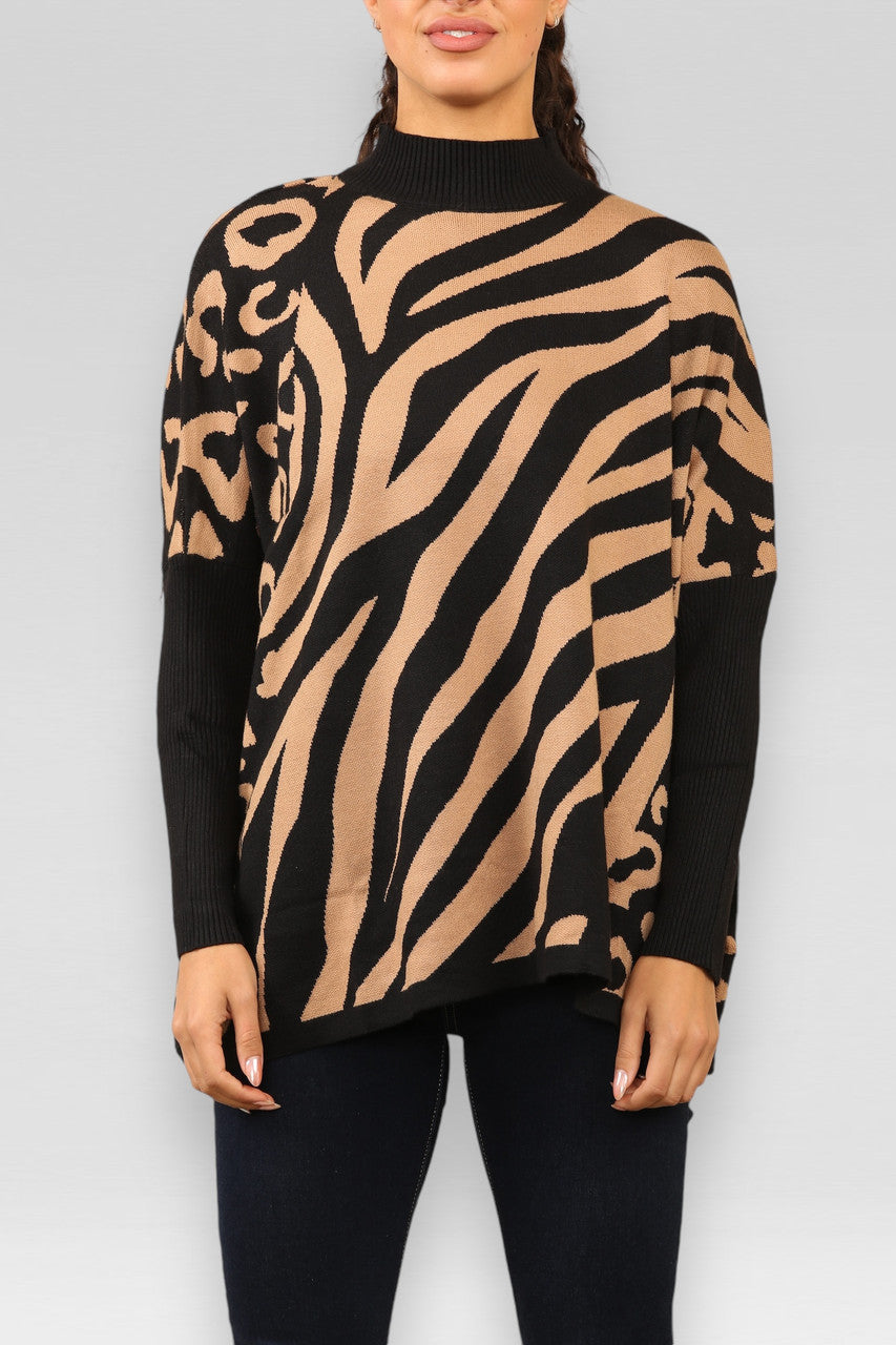 TRUI MET DIERENPRINT EN HOGE HALS TAN/ZWART