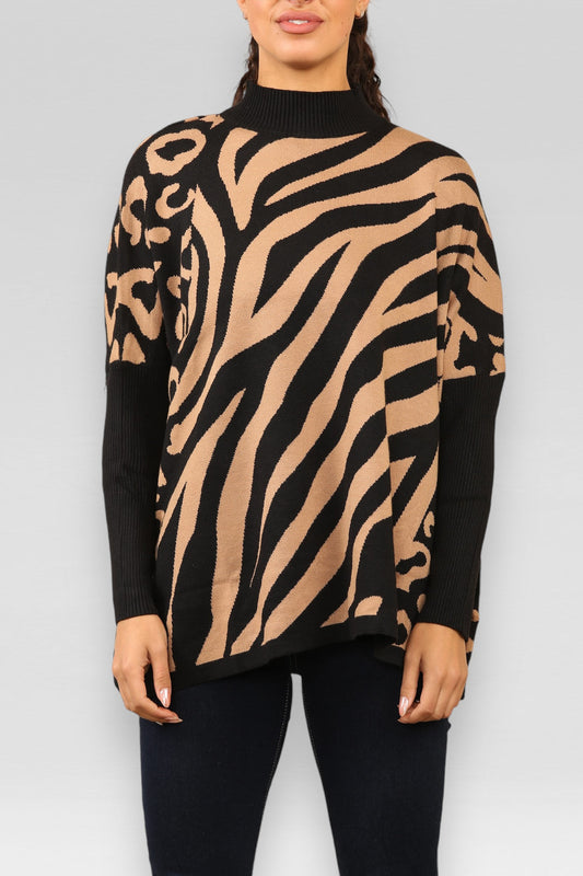 TRUI MET DIERENPRINT EN HOGE HALS TAN/ZWART