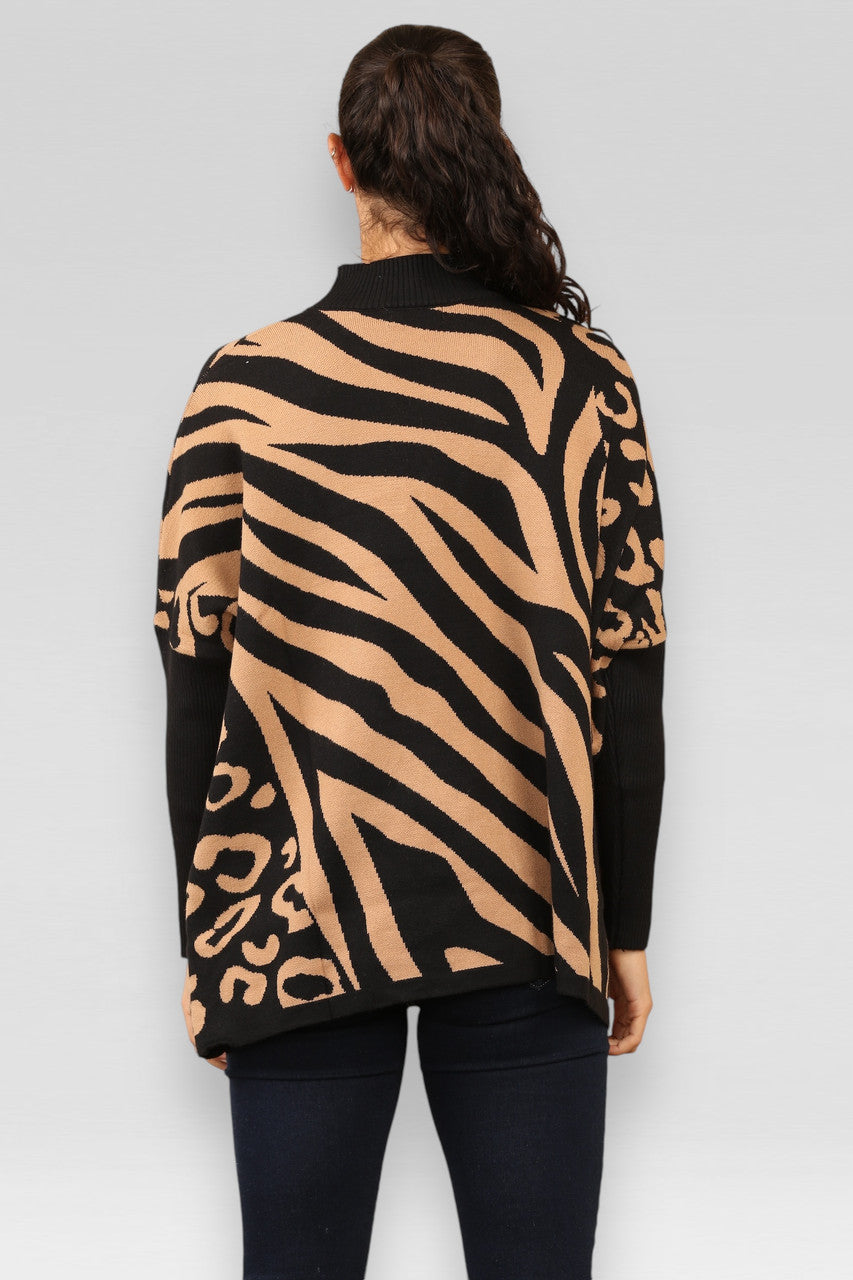 TRUI MET DIERENPRINT EN HOGE HALS TAN/ZWART