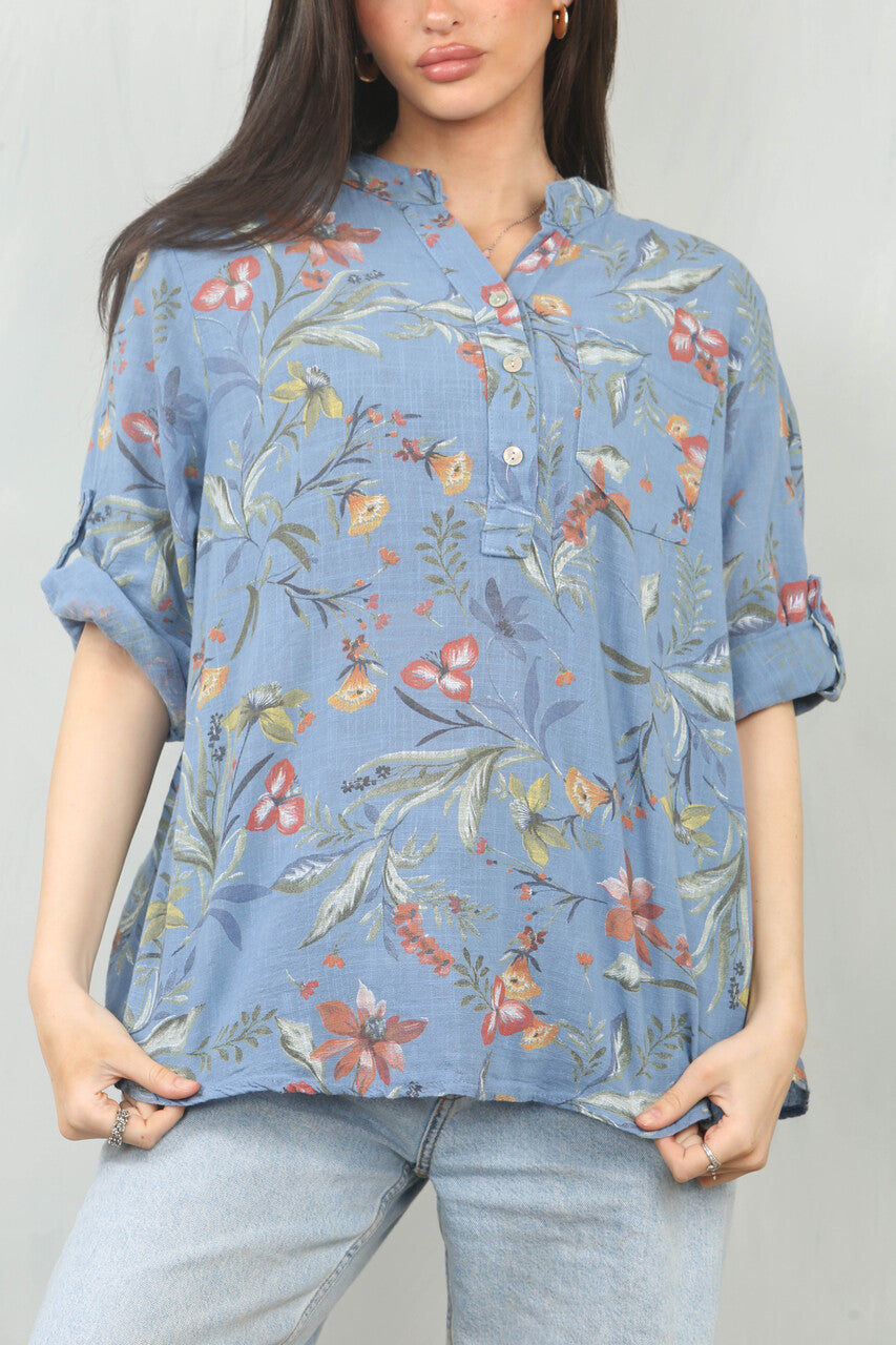 GARDEN FLOWERS PRINT GRANDAD SHIRT DENIM