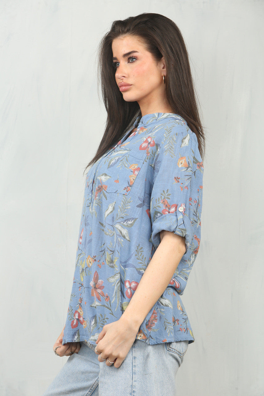 GARDEN FLOWERS PRINT GRANDAD SHIRT DENIM