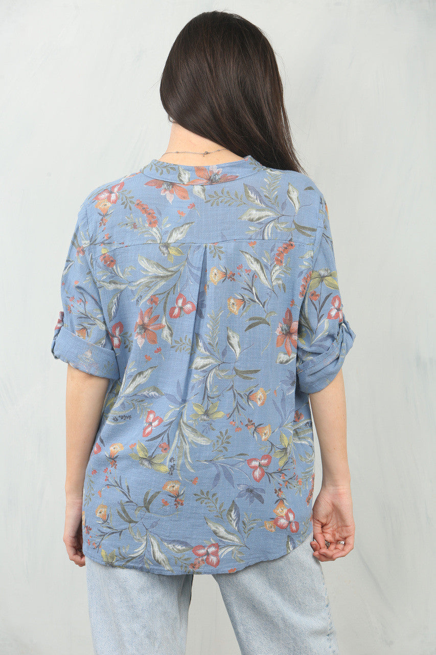 GARDEN FLOWERS PRINT GRANDAD SHIRT DENIM