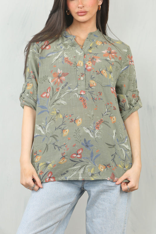 GARDEN FLOWERS PRINT GRANDAD SHIRT KHAKI