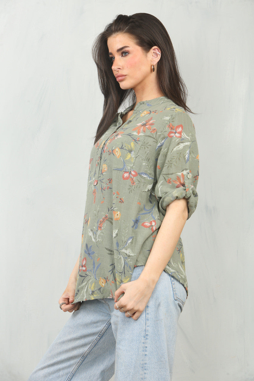 GARDEN FLOWERS PRINT GRANDAD SHIRT KHAKI