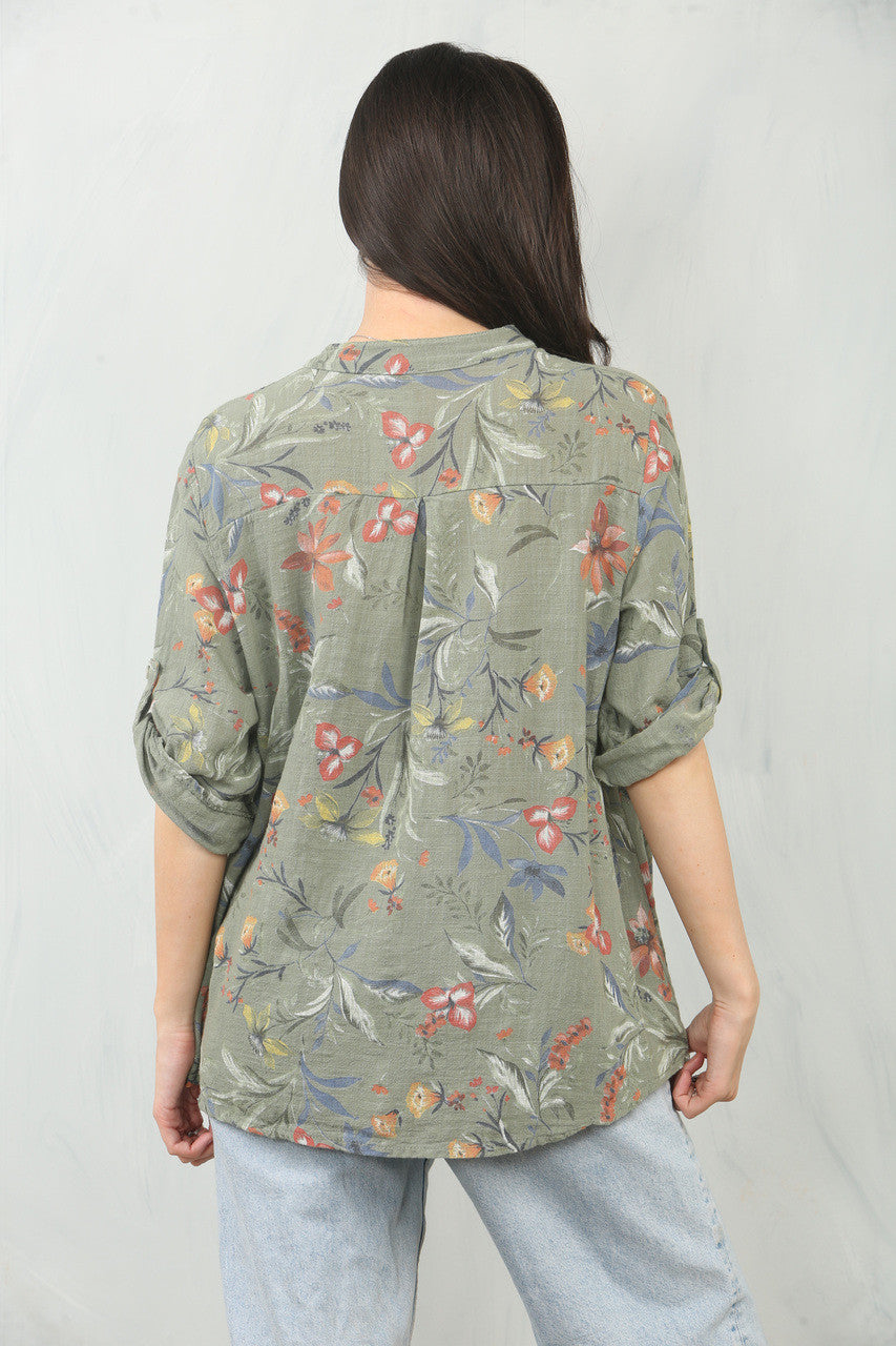 GARDEN FLOWERS PRINT GRANDAD SHIRT KHAKI
