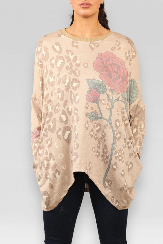 TRUI MET LUIPAARDPRINT, ROOS EN LUREX – CAMEL
