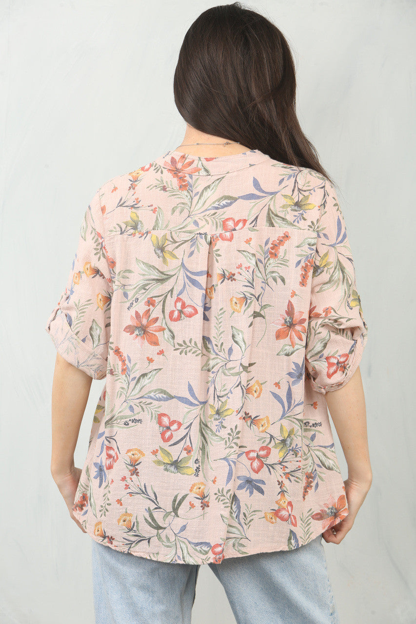 GARDEN FLOWERS PRINT GRANDAD SHIRT DUSTY PINK