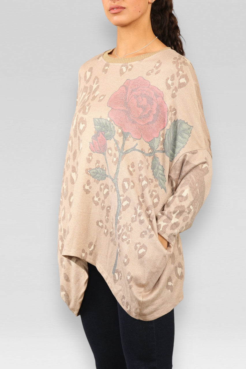 TRUI MET LUIPAARDPRINT, ROOS EN LUREX – CAMEL