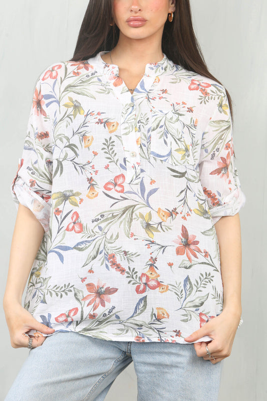 GARDEN FLOWERS PRINT GRANDAD SHIRT WHITE