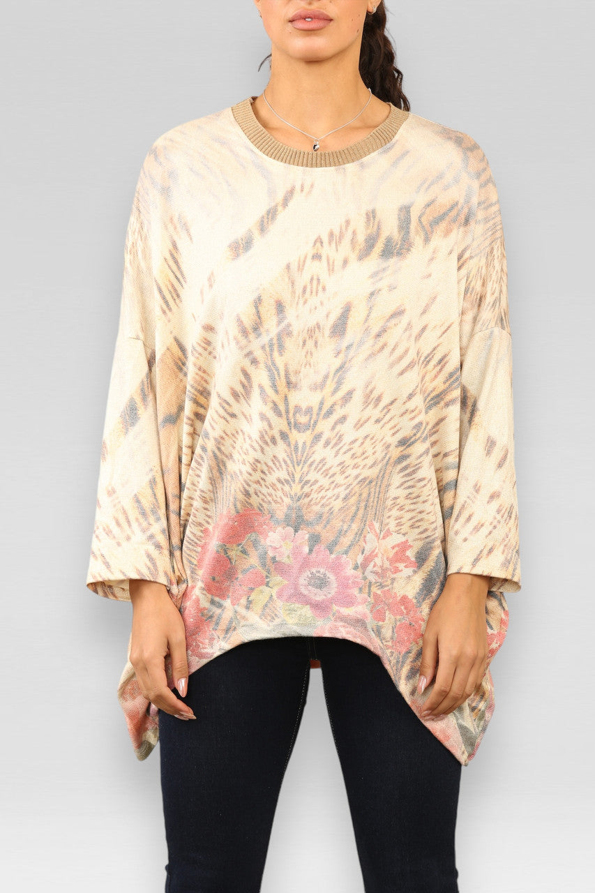 FLORALE TRUI MET TIJGERPRINT VAN LUREX, STEENKLEUR