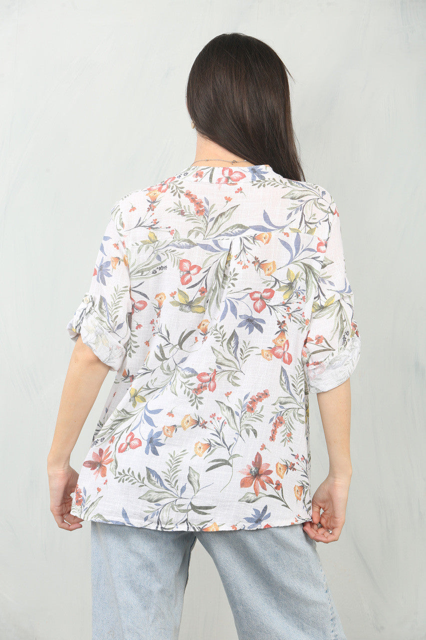 GARDEN FLOWERS PRINT GRANDAD SHIRT WHITE