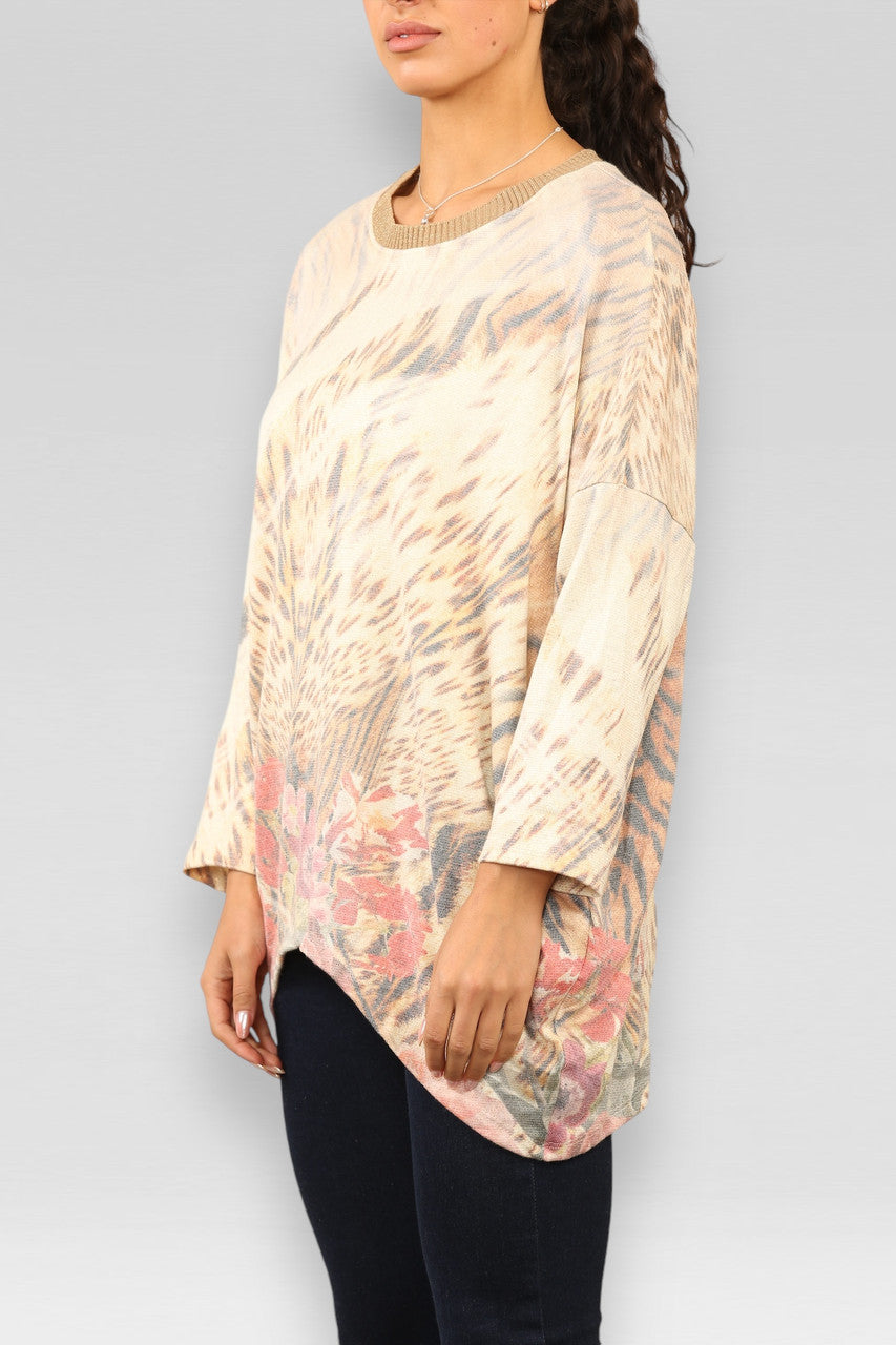 FLORALE TRUI MET TIJGERPRINT VAN LUREX, STEENKLEUR