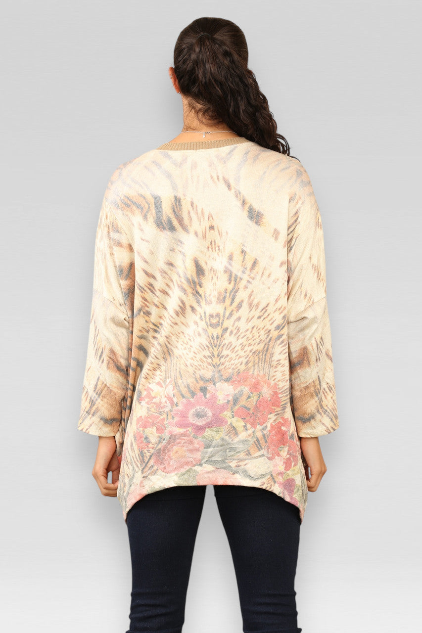 FLORALE TRUI MET TIJGERPRINT VAN LUREX, STEENKLEUR