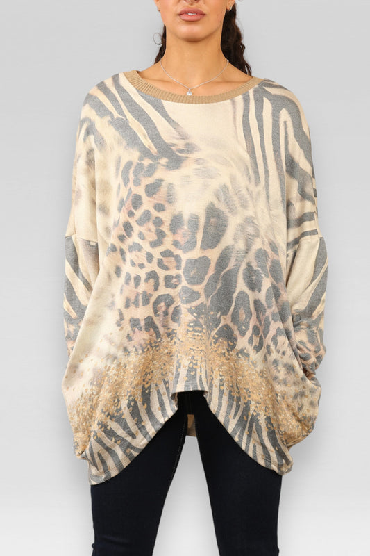 TRUI MET DIERENPRINT EN LUREX STEENGRIJS