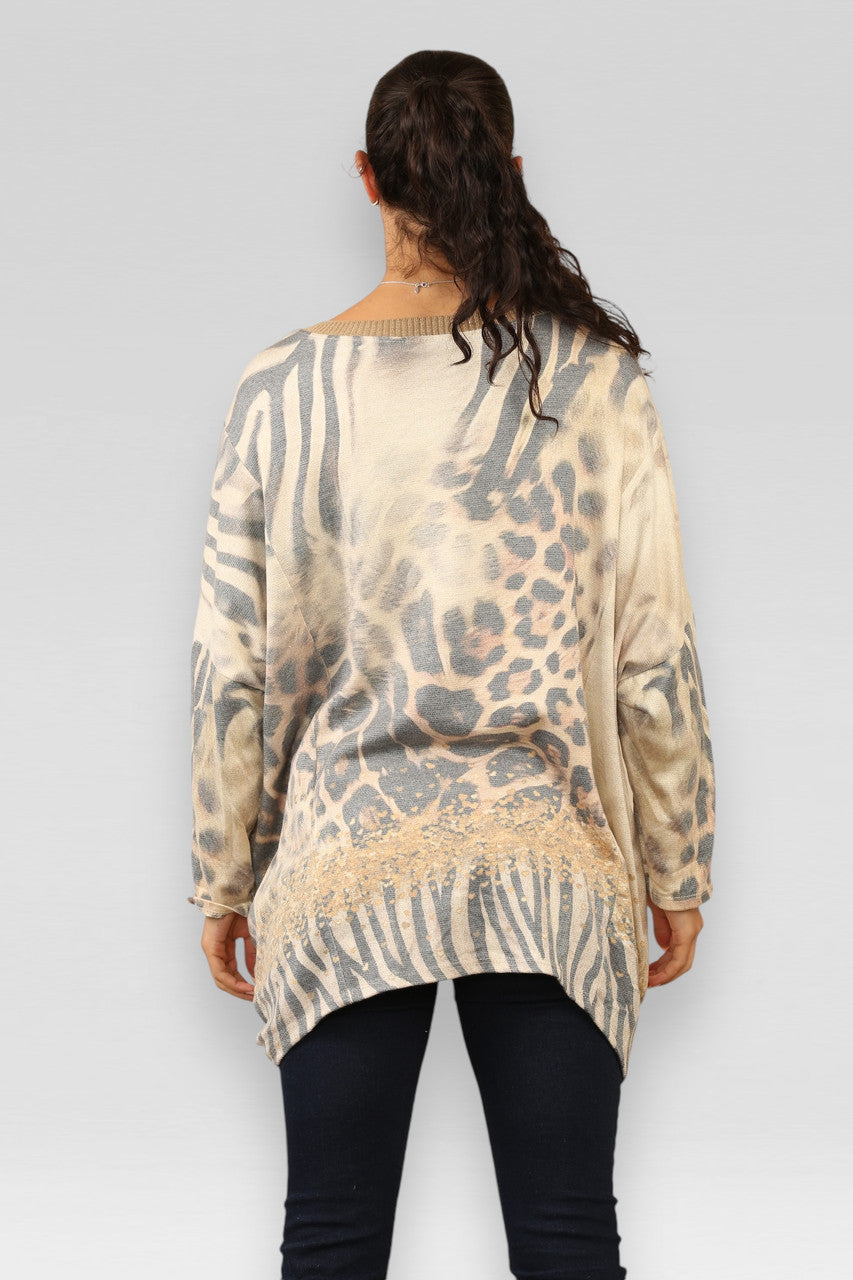 TRUI MET DIERENPRINT EN LUREX STEENGRIJS