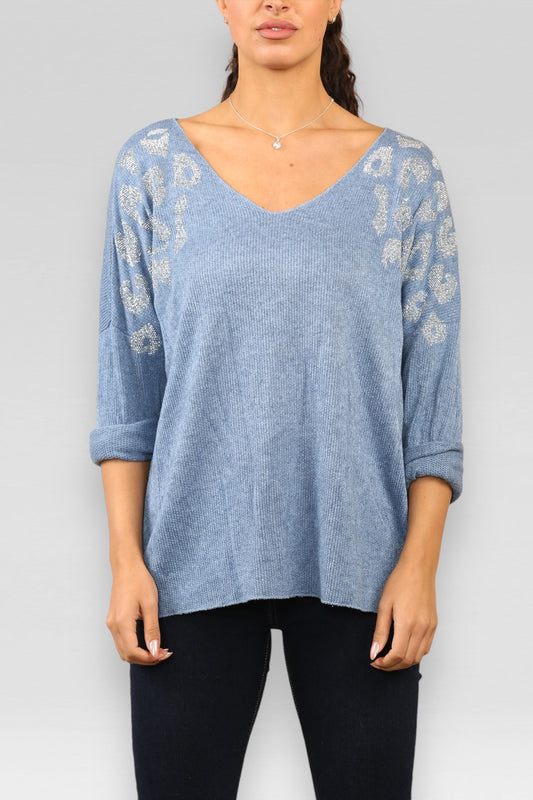 DIAMANTE LEOPARD SCHOUDERTRUI DENIM