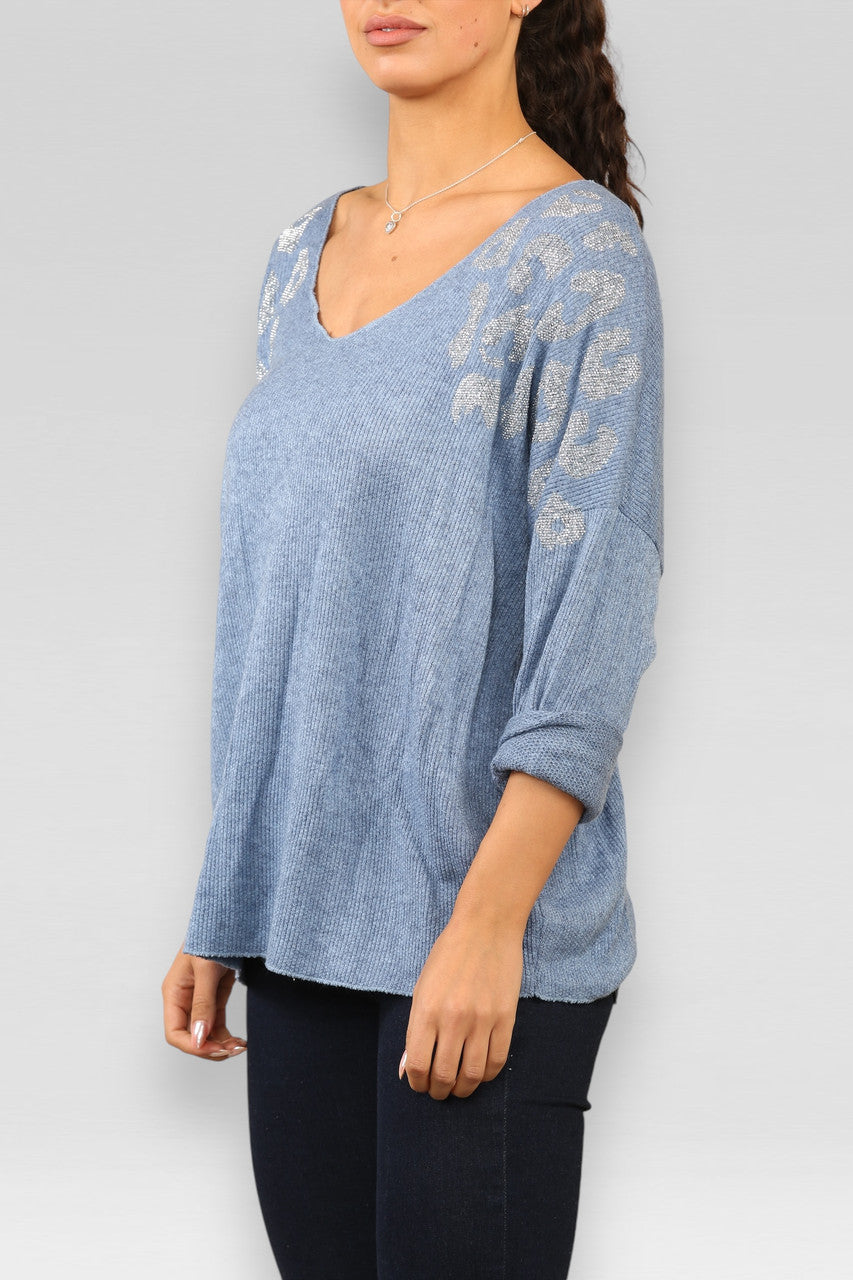 DIAMANTE LEOPARD SCHOUDERTRUI DENIM