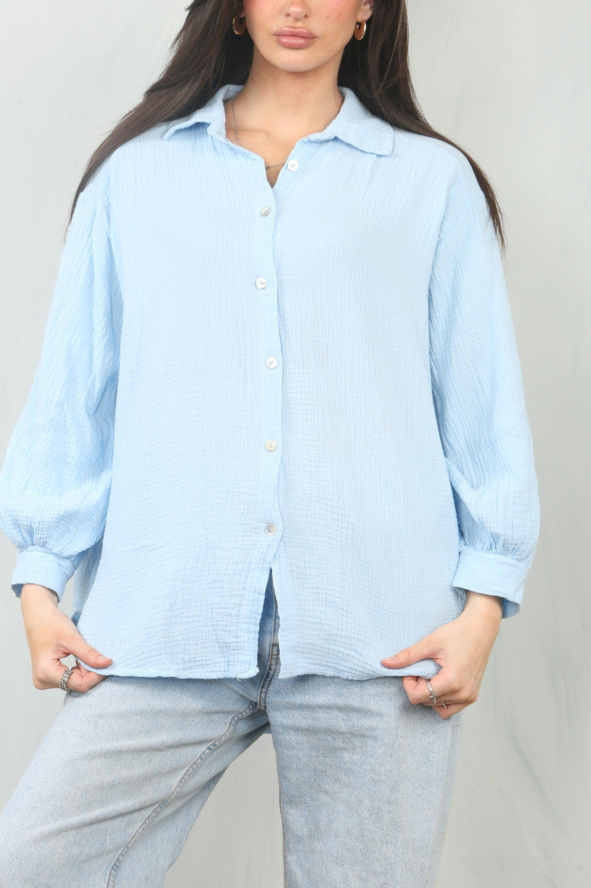 KAASDOEK EFFEN KATOENEN SHIRT TOP - LICHTBLAUW