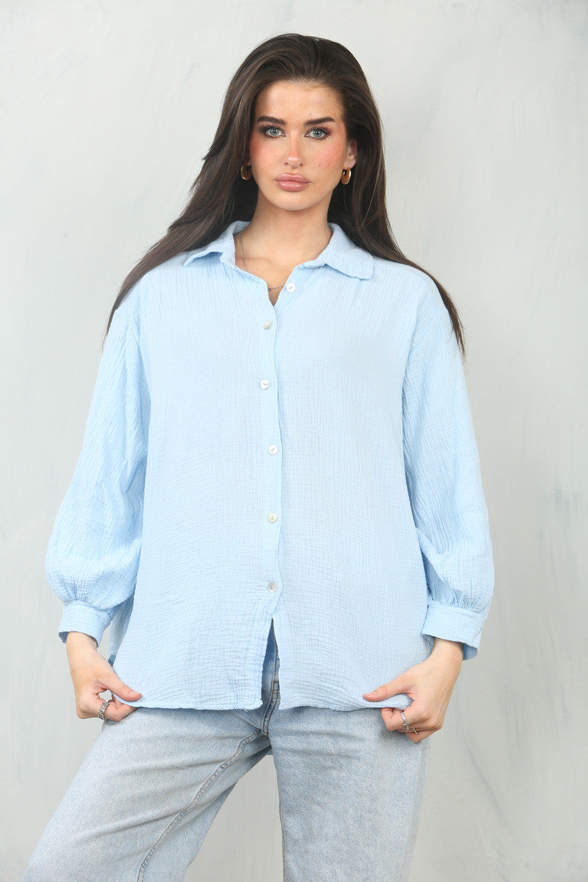 KAASDOEK EFFEN KATOENEN SHIRT TOP - LICHTBLAUW