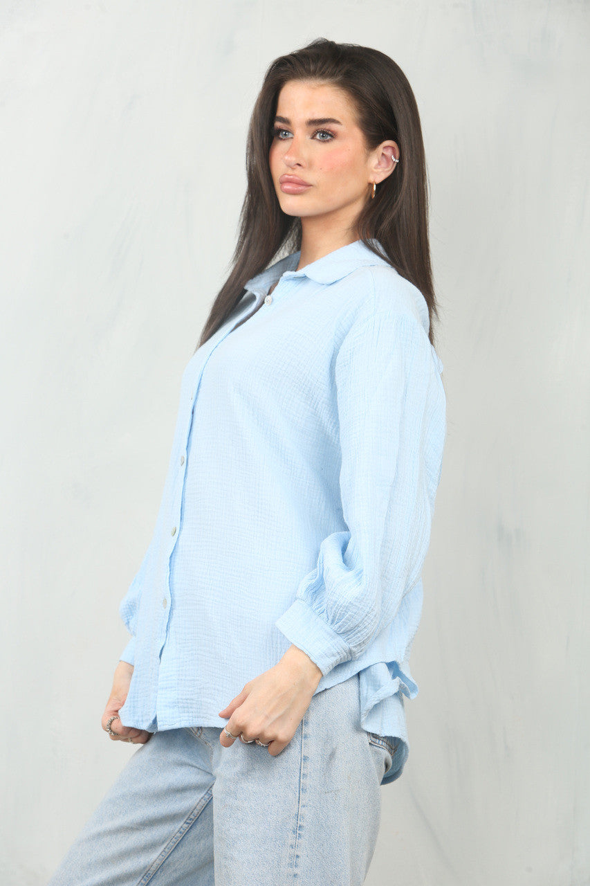 KAASDOEK EFFEN KATOENEN SHIRT TOP - LICHTBLAUW