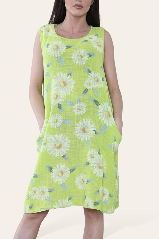DAISY PRINT SLEEVELESS DRESS LIME