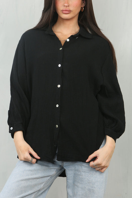 CHEESECLOTH PLAIN COTTON SHIRT TOP - BLACK