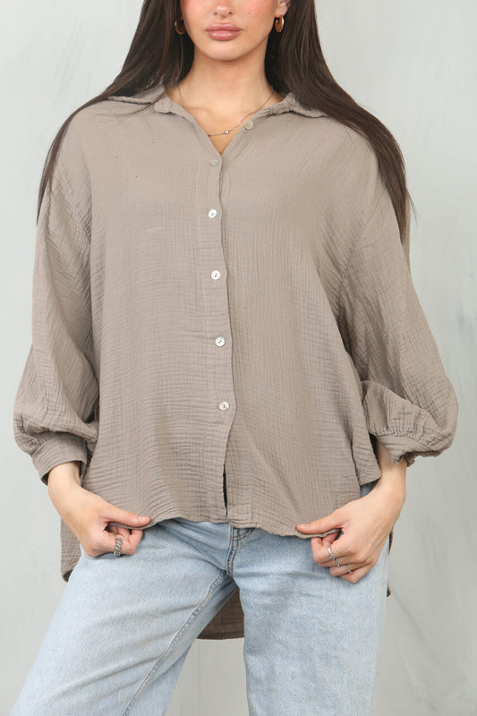 CHEESECLOTH PLAIN COTTON SHIRT TOP - TAUPE