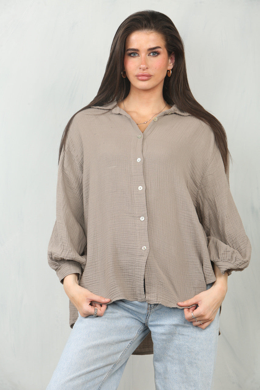 CHEESECLOTH PLAIN COTTON SHIRT TOP - TAUPE