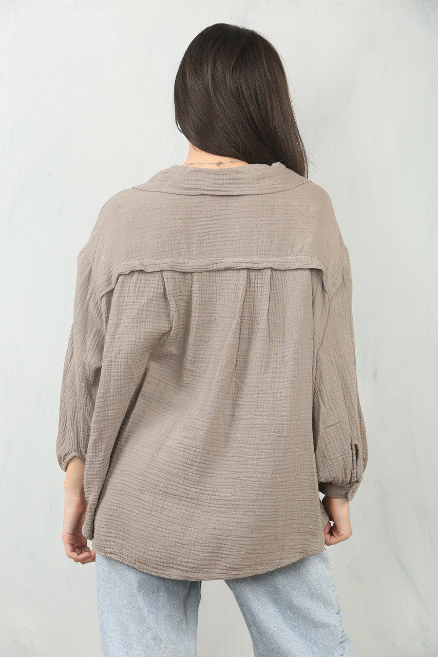 CHEESECLOTH PLAIN COTTON SHIRT TOP - TAUPE