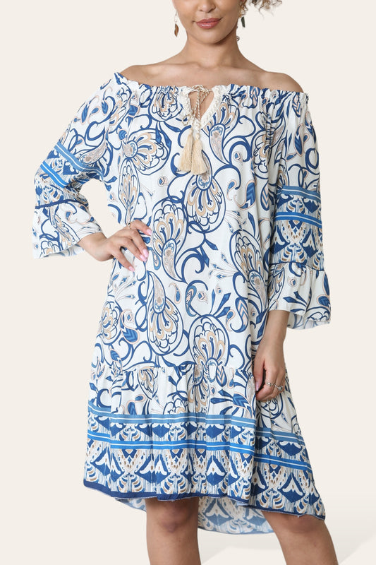 PAISLEY PRINT BARDOT DRESS BLUE