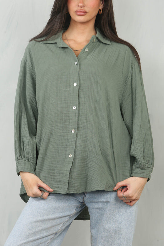 CHEESECLOTH PLAIN COTTON SHIRT TOP - KHAKI