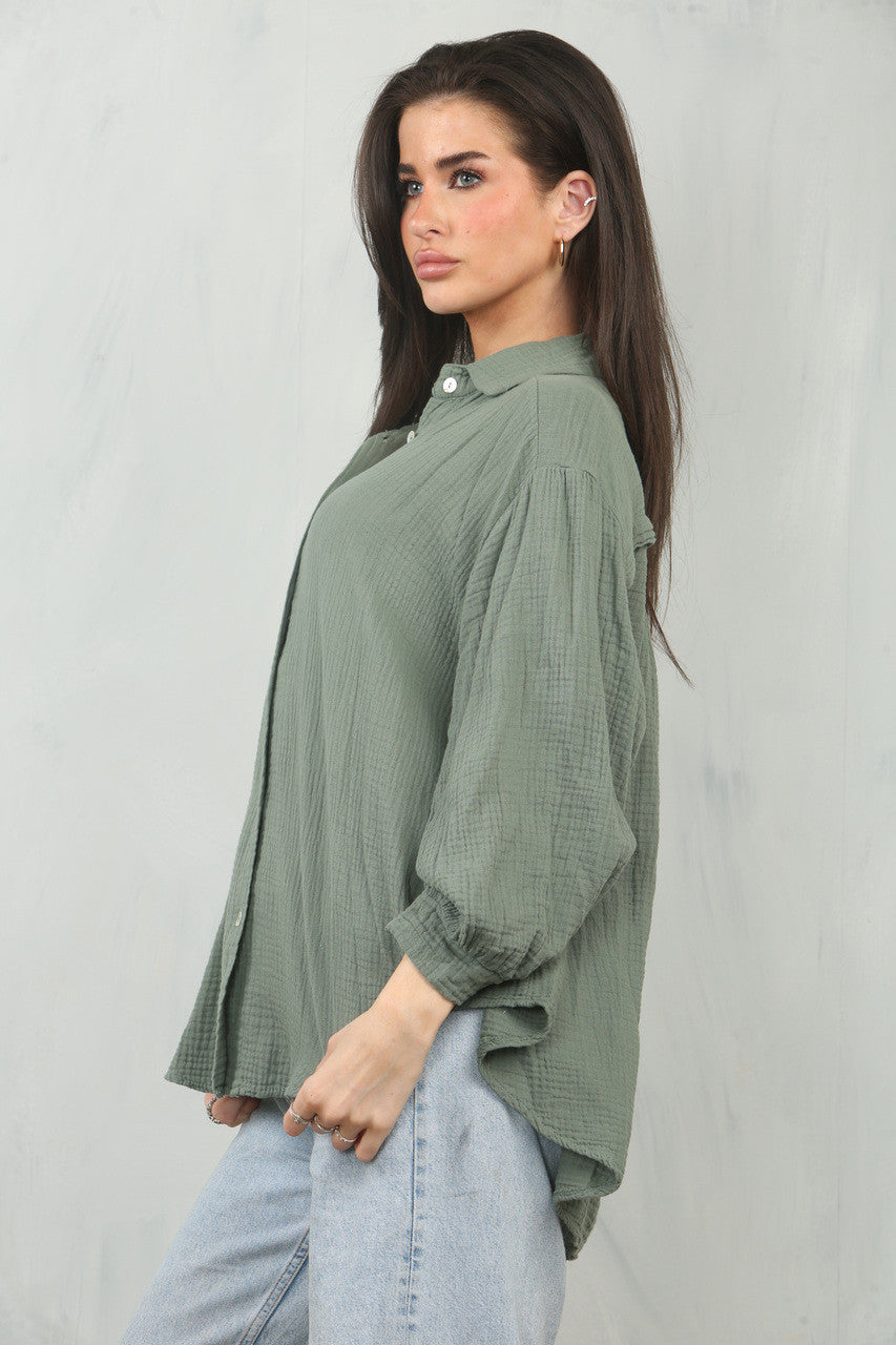 KAASDOEK EFFEN KATOENEN OVERHEMD TOP - KHAKI