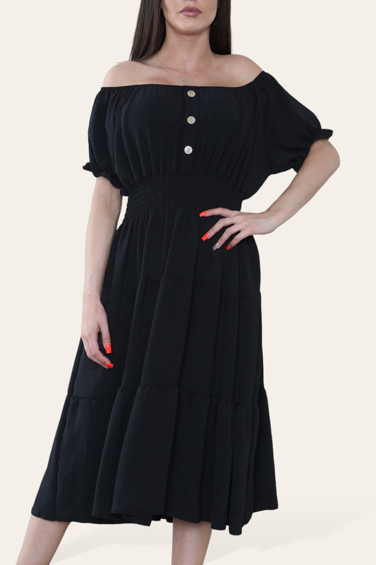 PLAIN MIDI ELASTICATED MAGIC DRESS BLACK