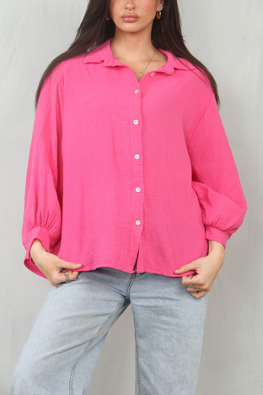 CHEESECLOTH PLAIN COTTON SHIRT TOP - CERISE
