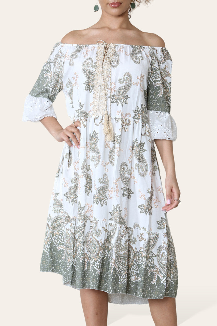 PAISLEY PRINT ANGLAISE SLEEVE BARDOT DRESS KHAKI