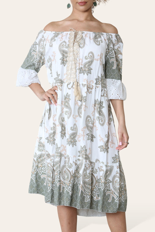 PAISLEY PRINT ANGLAISE SLEEVE BARDOT DRESS KHAKI