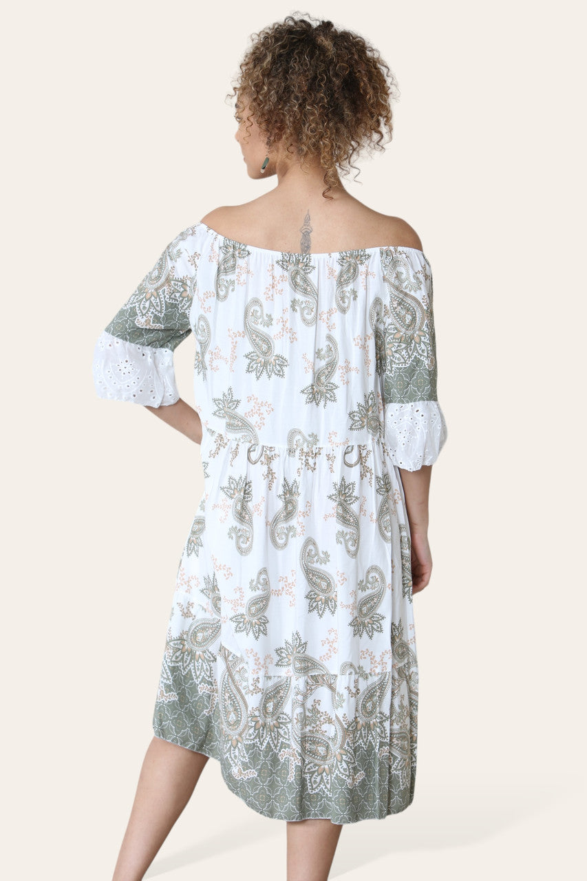 PAISLEY PRINT ANGLAISE SLEEVE BARDOT DRESS KHAKI
