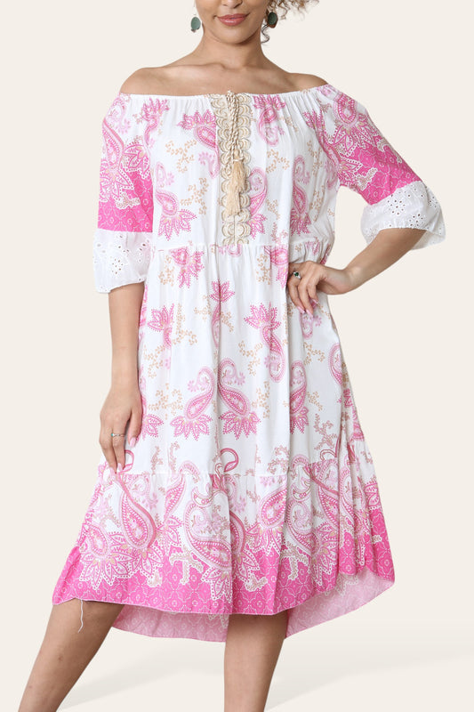 PAISLEY PRINT ANGLAISE SLEEVE BARDOT DRESS CERISE