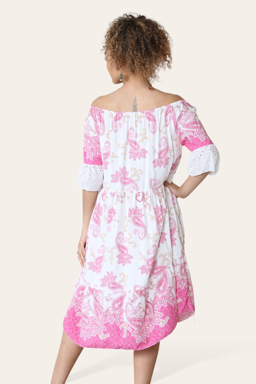 BARDOT JURK MET PAISLEYPRINT, AJOURBORDUURSEL EN MOUWEN KERSROOD