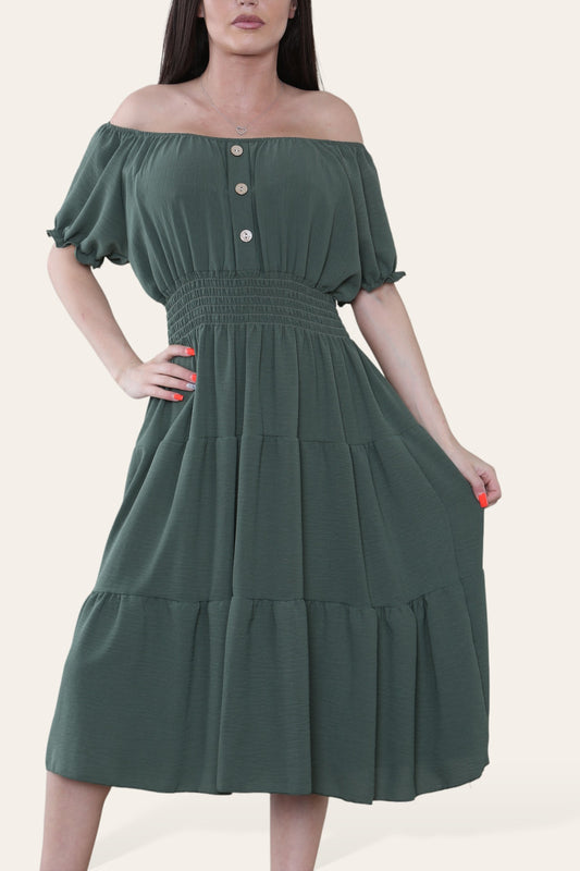 PLAIN MIDI ELASTICATED MAGIC DRESS KHAKI