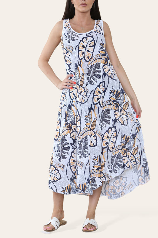 MOUWLOZE JURK MET TROPISCHE BLADERPRINT WIT